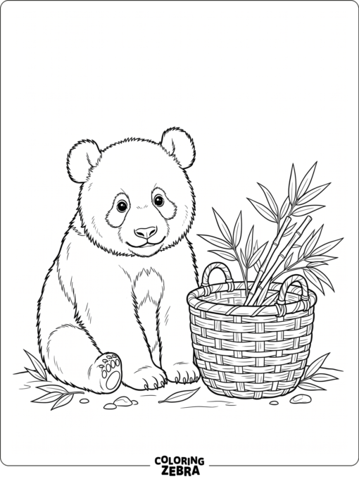 A realistic baby panda sits beside a bamboo basket