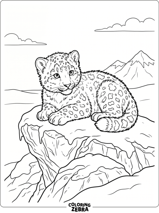 A realistic baby snow leopard lying on a snowy rock