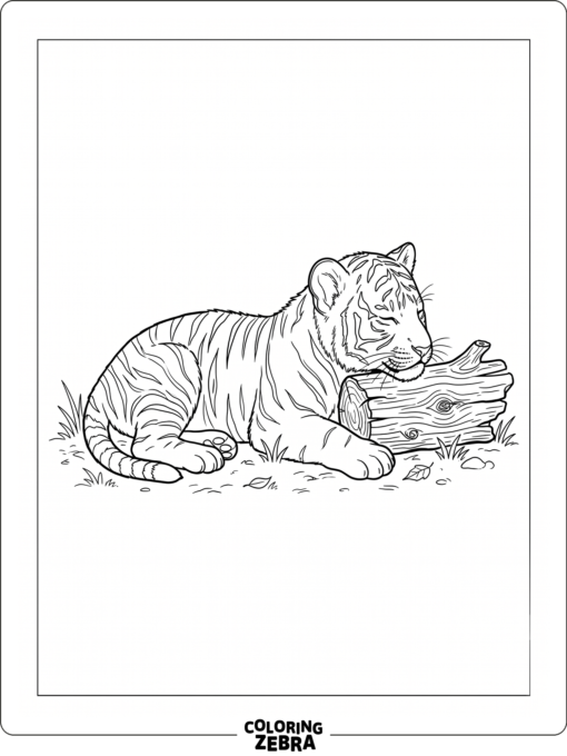 A realistic baby tiger lying beside a log