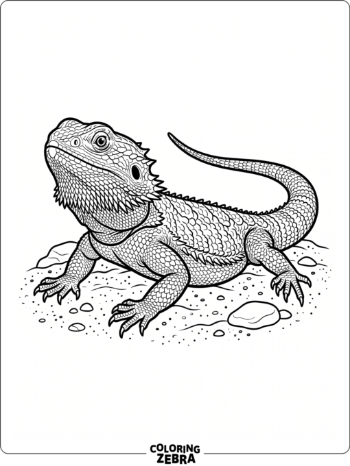 A realistic bearded dragon resting on sand