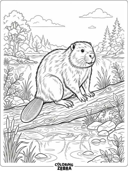 A realistic beaver sitting on a log by the water