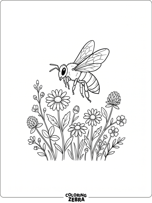 A natural bee flying above wildflowers