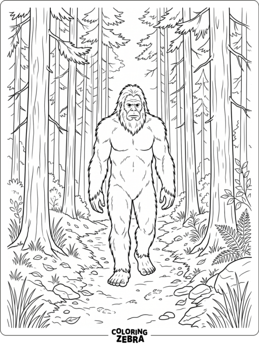 A realistic bigfoot stands on a forest path with strong outlines and minimal background.