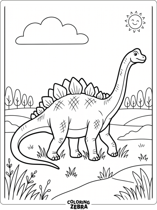 A realistic brachiosaurus walks through grass with trees behind it