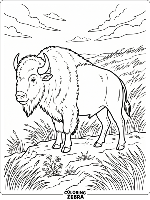 A realistic buffalo standing in profile beside a windblown field