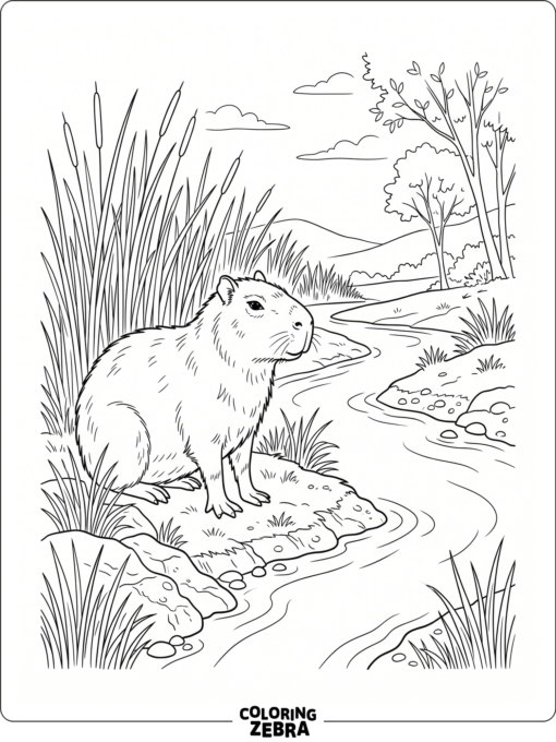 A realistic capybara near tall grass and a stream