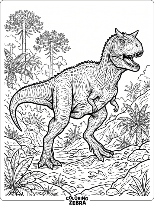 A realistic carnotaurus stands in a natural pose with textured skin