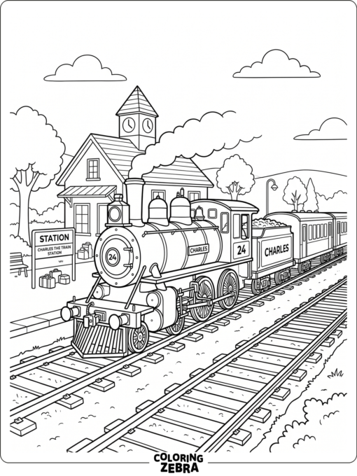 realistic Charles the Train on tracks near a station