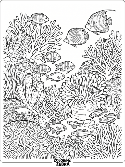 A detailed coral reef with sponges and fish