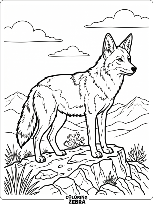 A realistic coyote standing on a ridge with clear fur details
