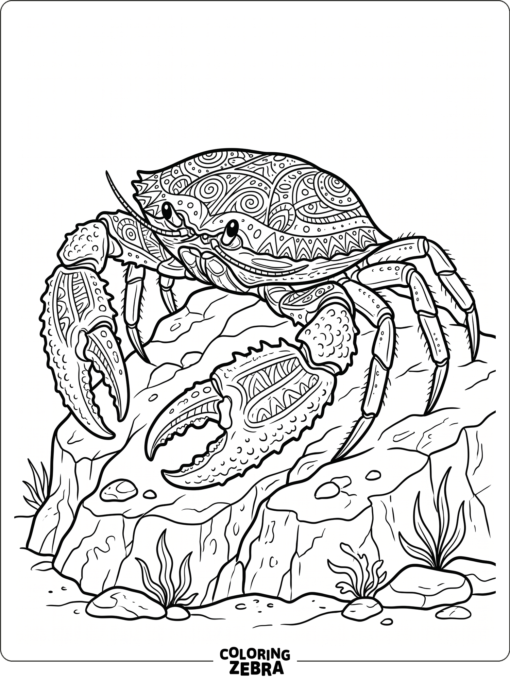 A detailed crab with patterned shell and textured claws