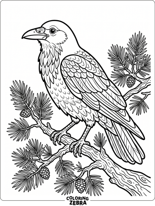 A realistic crow perched on a branch with detailed feathers