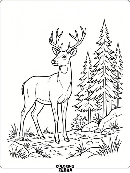 A realistic deer standing near pine trees