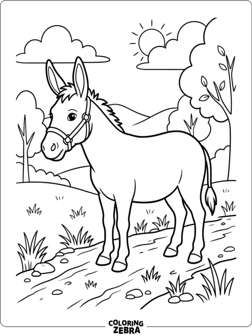 A realistic donkey standing on a path