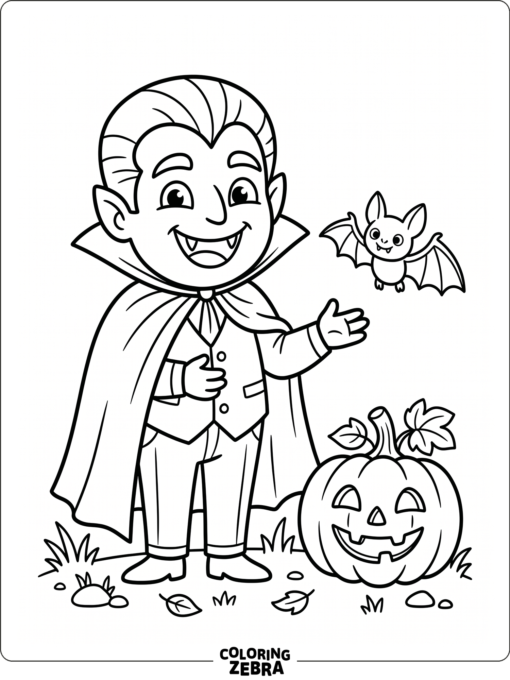 A kid friendly Dracula smiling with a bat and pumpkin