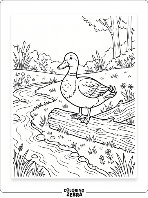 A realistic duck standing on a log
