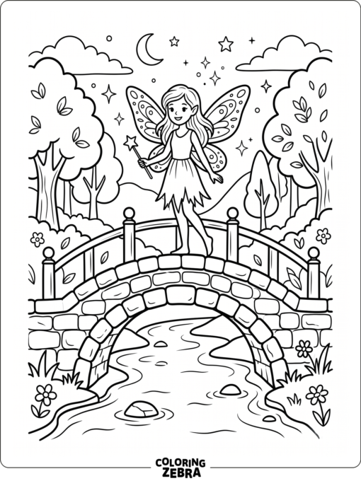 A fairy standing on a stone bridge