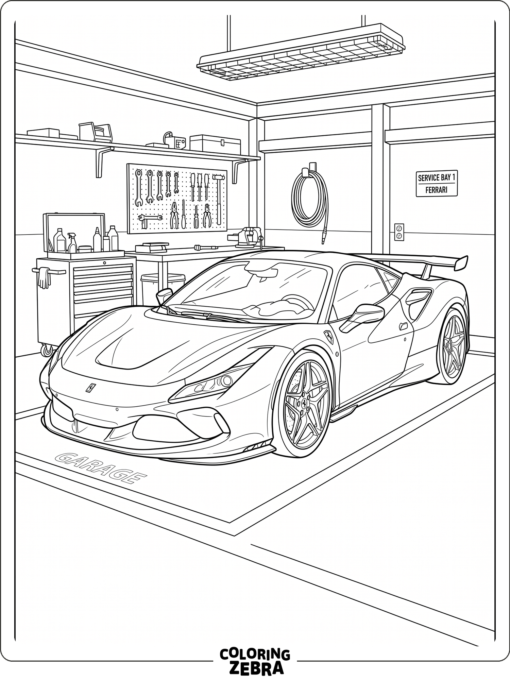 A detailed Ferrari supercar in a garage