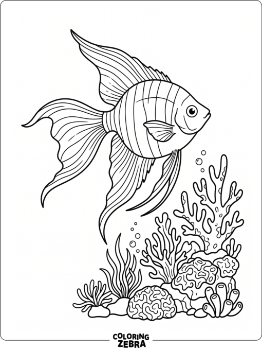 A realistic striped fish near coral