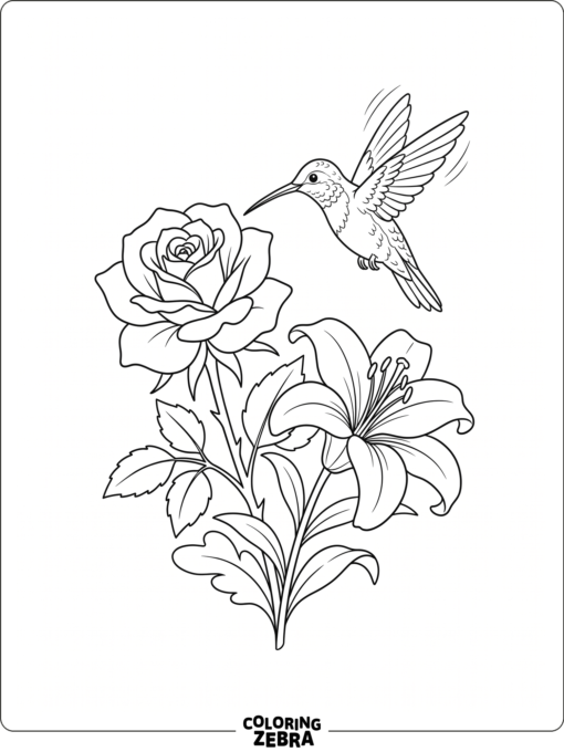 A realistic hummingbird above garden flowers