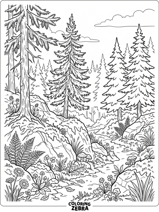 A realistic forest with fir trees, rocks, and plants
