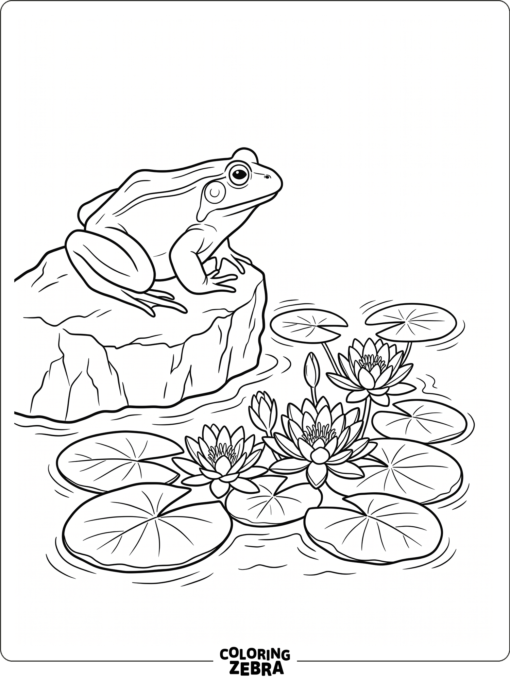 A realistic frog sitting on a rock near water lilies