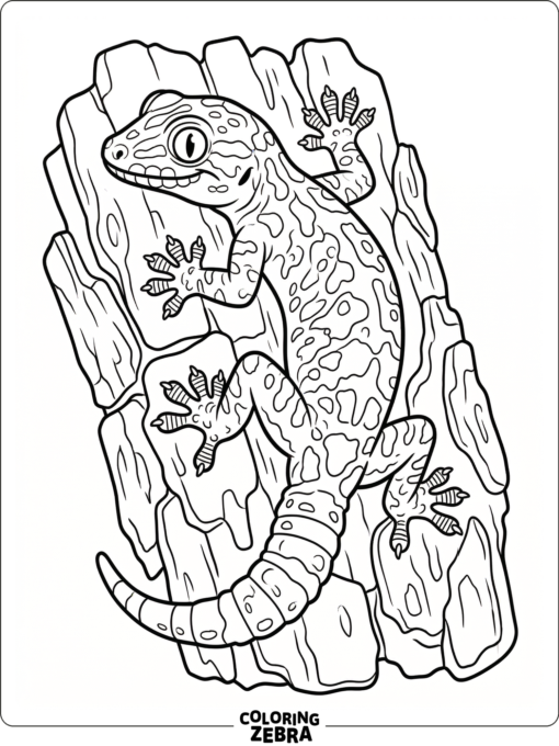 A realistic gecko crawls across bark with detailed feet