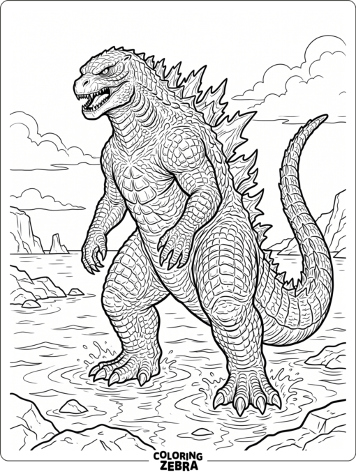 A detailed Godzilla standing in shallow water