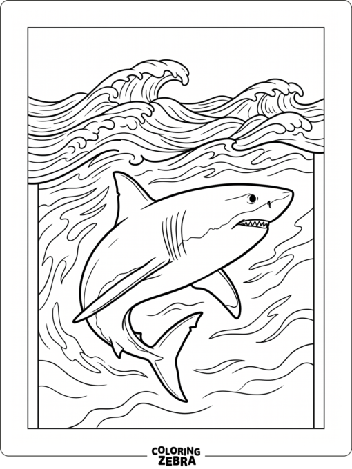 A realistic great white shark beneath rolling waves