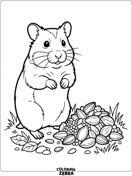 A realistic hamster standing near a small pile of seeds