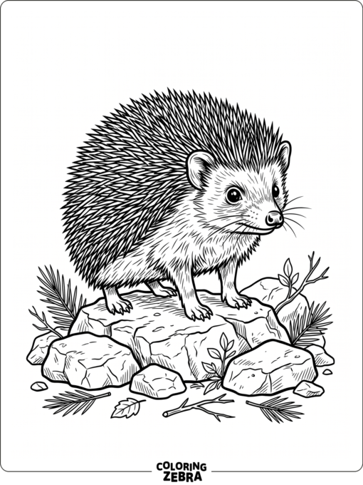 A realistic hedgehog standing on rocks