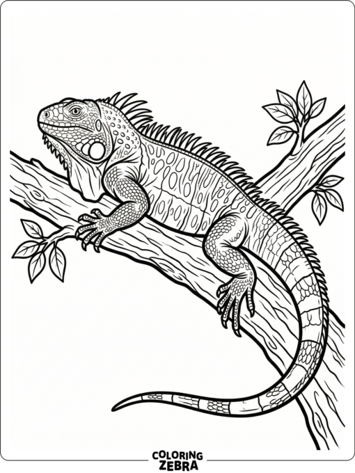 A realistic iguana stretched on a branch with detailed scales