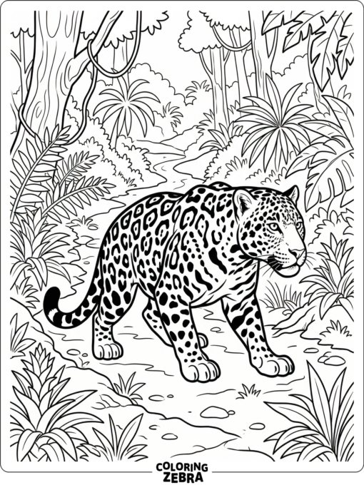 A realistic jaguar crouching on a forest path