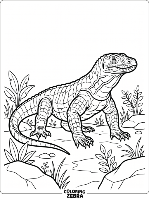 A realistic komodo dragon on plain ground with sparse plants