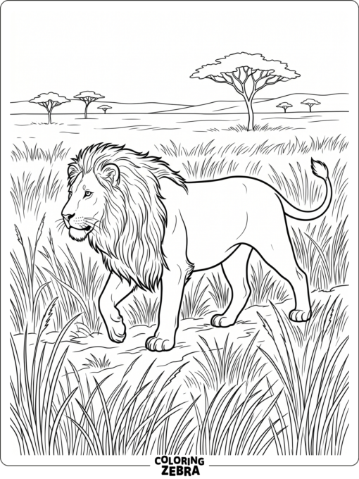 A realistic lion walks through tall grass