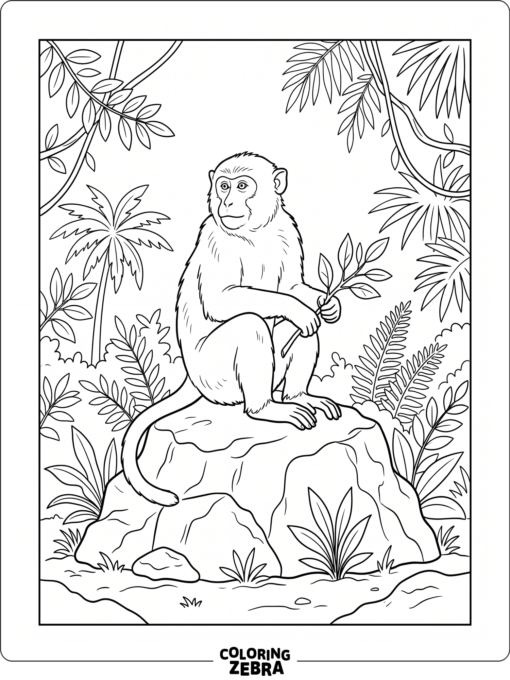A realistic monkey sitting on a rock near jungle plants