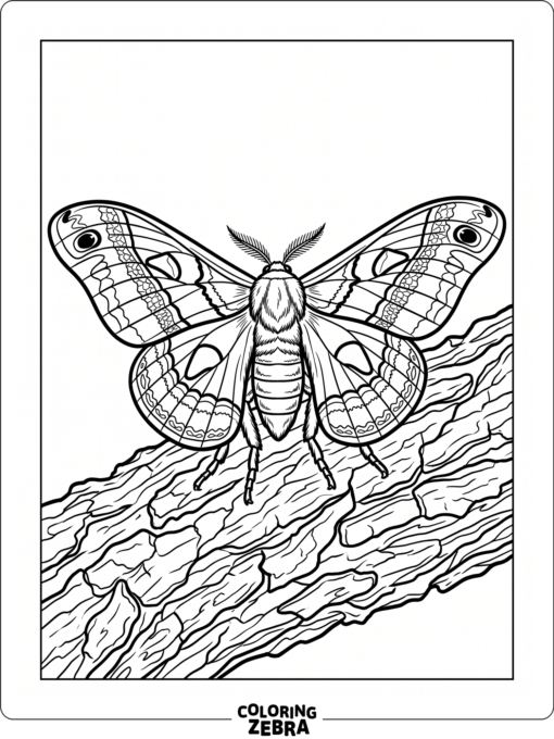 A realistic moth perched on bark with open wings