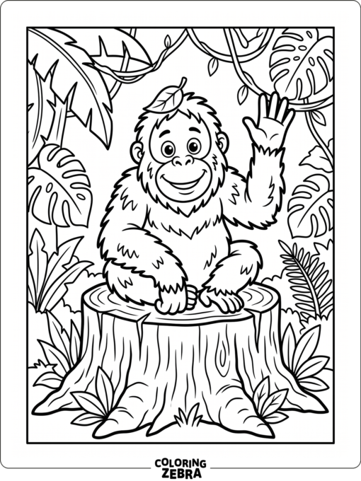 A cartoon orangutan waving from a jungle stump