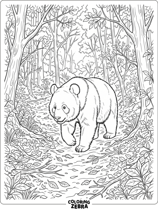 A realistic panda walks along a forest path