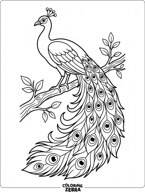 A peacock perched on a branch with patterned tail feathers