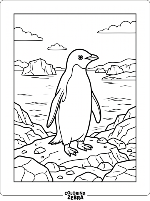 A penguin standing near icebergs