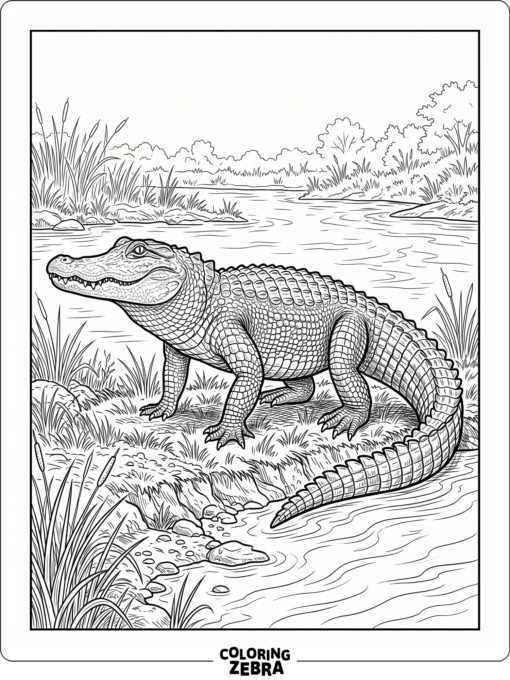 A realistic alligator standing on a riverbank
