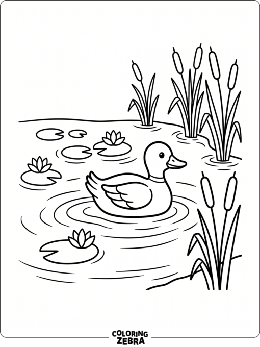 A duck swimming among lily pads