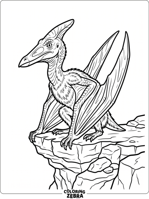 A realistic pterodactyl perched on a ledge