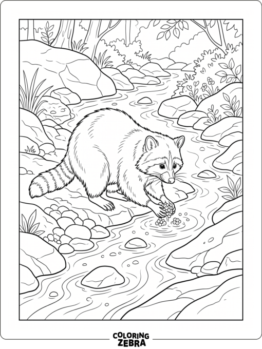 A realistic raccoon washing berries by a creek