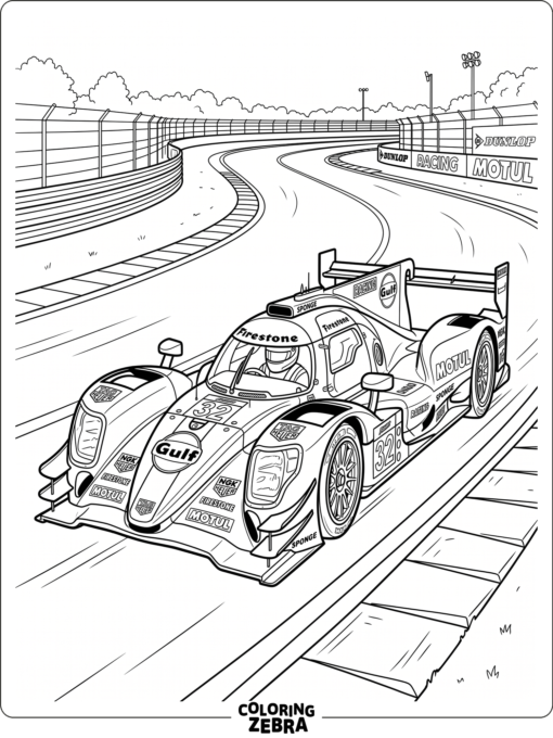 A detailed race car with sponsor decals on a track