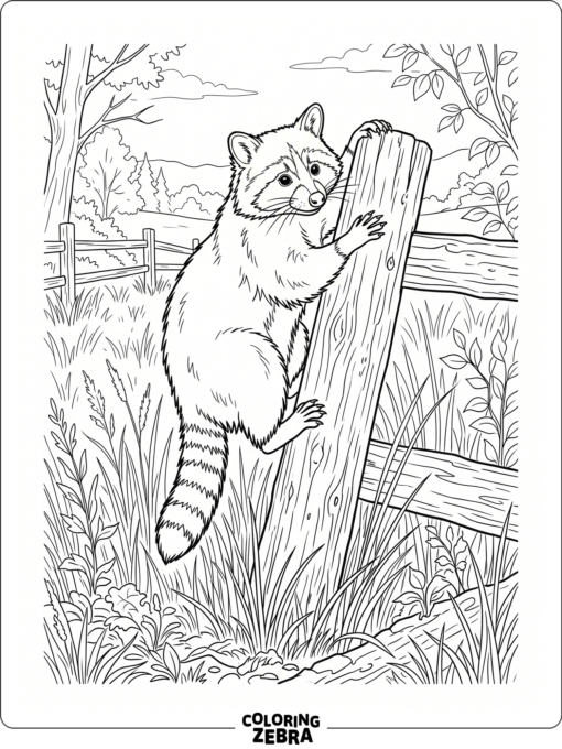 A realistic raccoon climbing a fence post