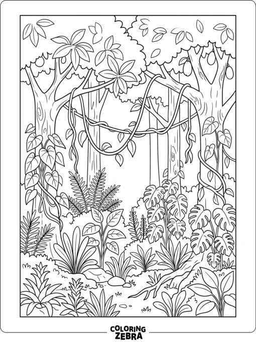A detailed rainforest with canopy trees and layered plants
