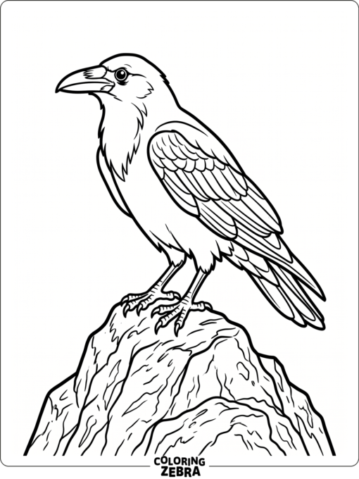 A realistic raven perches on a rock with folded wings