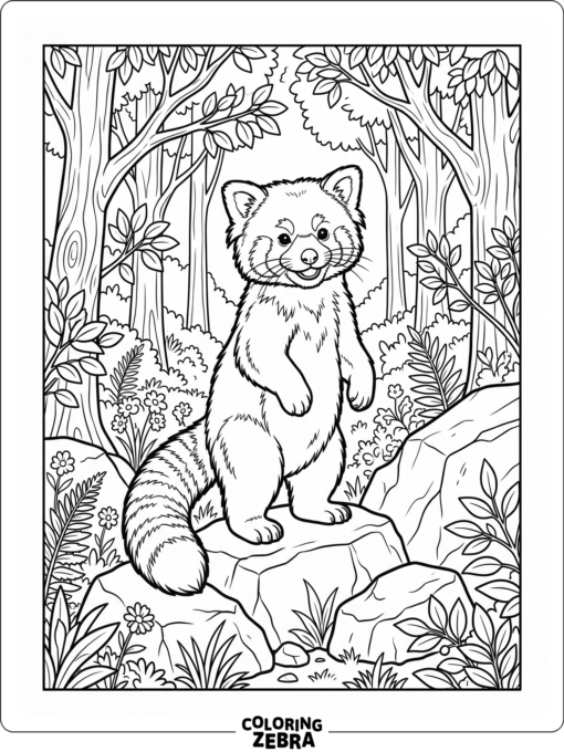 A realistic red panda standing on rocks in a forest